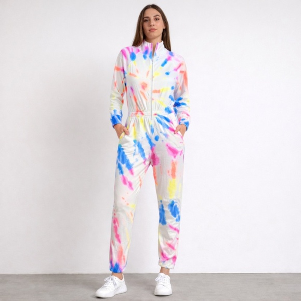 Lezat Multicolor Tie Dye Zip Front Fleece Jumpsuit Large Cozy Athleisure NWT